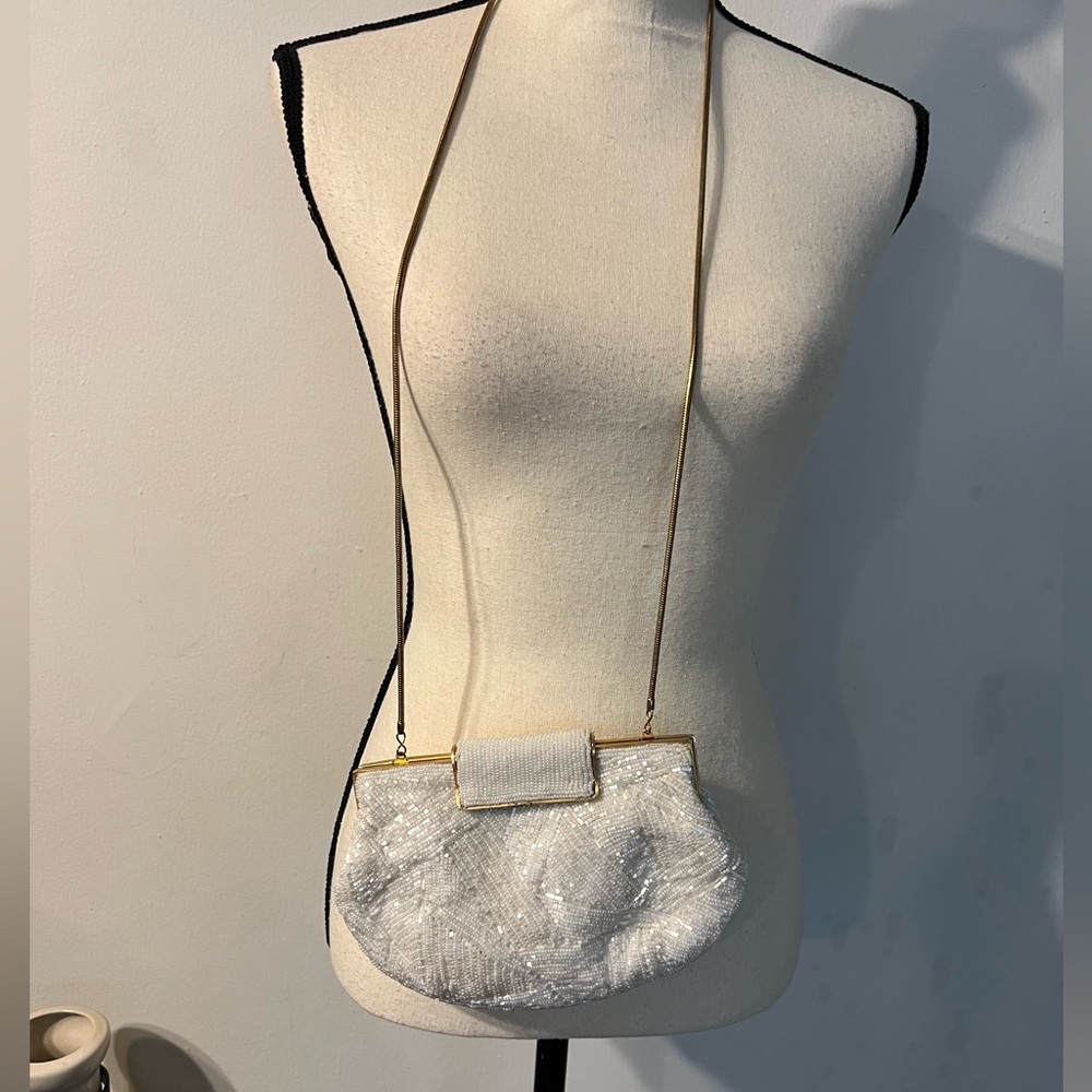 Vintage White Beaded Clutch with Gold Chain
